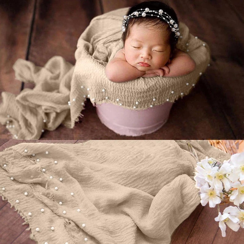 SPOKKI 2 PCS Baby Props Photography Wrap Kit, Newborn Photography Props, Handmade Pearl Wrap Blanket for Baby Photo Props with Pearl Headband, 35.5 X 67 inch Newborn Outfits for Photography (Beige) - Image 5
